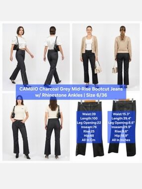 CAMBIO Charcoal Grey Mid-Rise Bootcut Jeans w/ Rhinestone Ankles Size 6/36